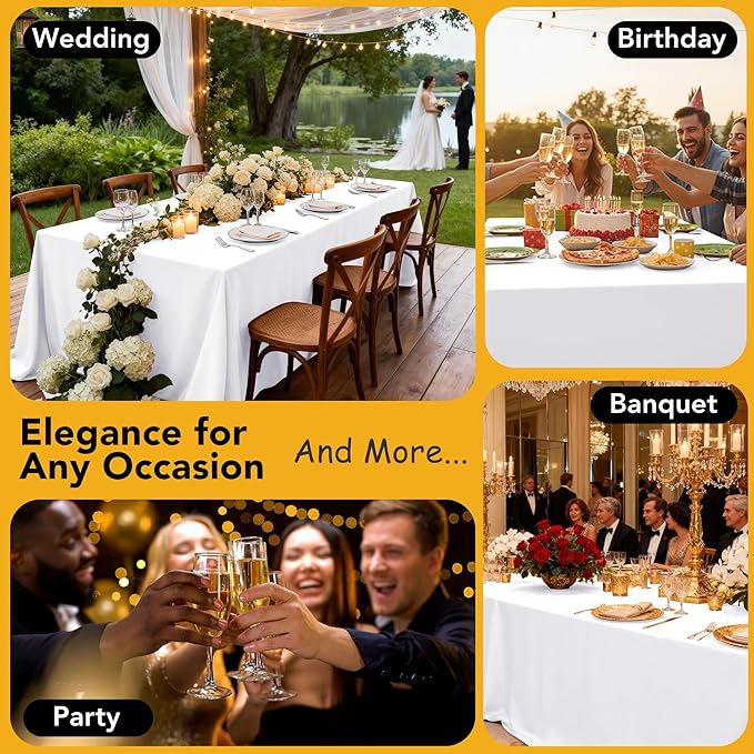 10-Pack White Tablecloths for Rectangle Tables, 60 x 102 Inches, Stain-Resistant Polyester Fabric for 6 Foot Tables - Washable Table Covers for Weddings, Banquets, Birthday, Parties, Events