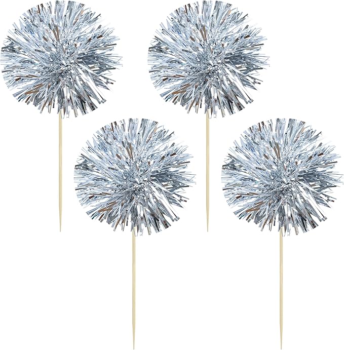 Gyufise 30Pcs Foil Firework Cupcake Toppers Sparkle Tinsel Cake Toppers Tinsel Drink Cake Decoration Cocktail Picks for Birthday Wedding Graduation Party Supplies Dark Silver