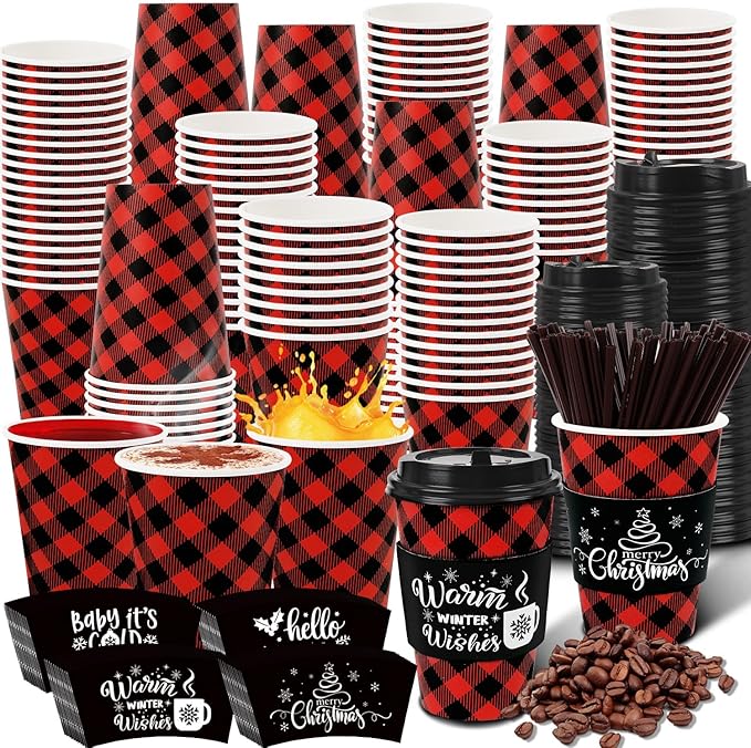 60 Pcs Christmas Buffalo Plaid Coffee Cups Christmas Paper Cups Disposable with Lids Sleeves and Stirrers 16 oz for Winter Christmas Hot Cocoa Party Supplies
