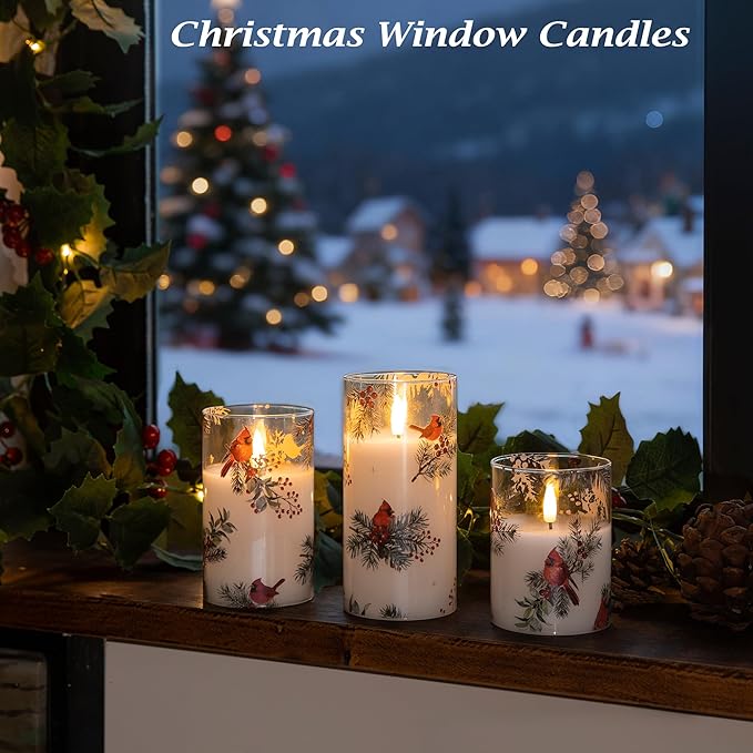 LUSHABOR Christmas Flameless Candles, 3 Pack Battery Operated Candles for Christmas Mantel Decor, Glass LED Flickering Candles Home Xmas Party Holiday D3 H4 5" 6", Bird