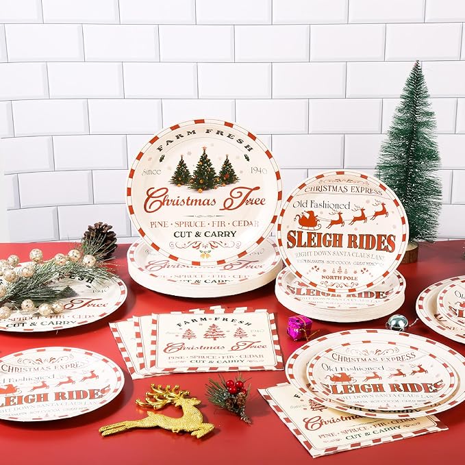 150Pcs Christmas Paper Plates and Napkins Set Vintage Christmas Farmhouse Design Disposable Holiday Plates Dinnerware for Xmas Holiday Winter Party,Serves 50