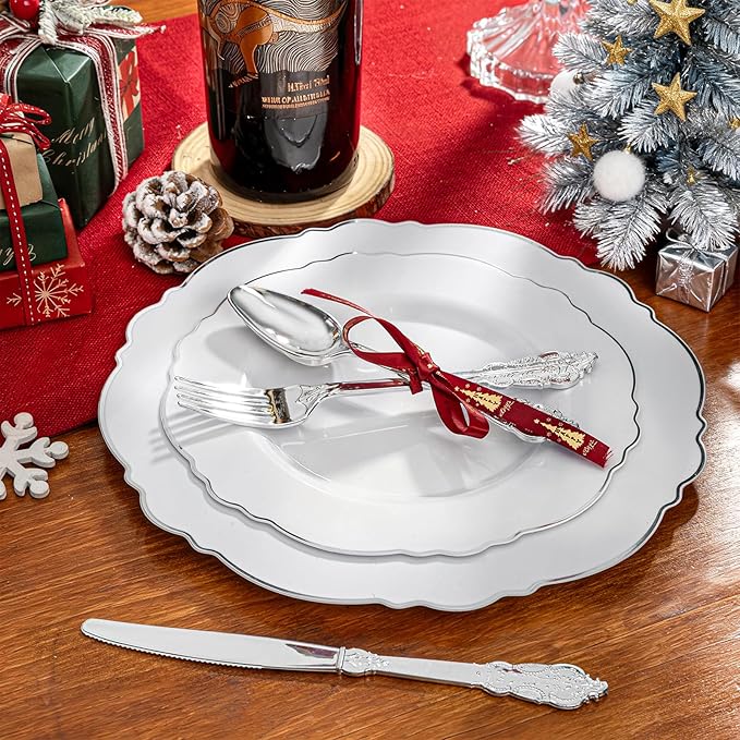 WDF 200 Pieces Silver Plastic Silverware Disposable - 50Guests Silverware Plastic Cutlery - Disposable Utensils Includes 100 Forks, 50 Spoons, 50 Knives Perfect for Christmas Wedding or Party