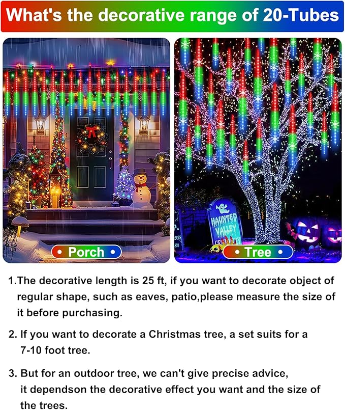 Christmas Lights Outdoor UL Certified Meteor Shower Light 16 Inch 20 Tubes 960 LED Falling Rain Drop Icicle Snow Cascading Lighting for Xmas Tree Wedding Party Garden Decoration, Colorful