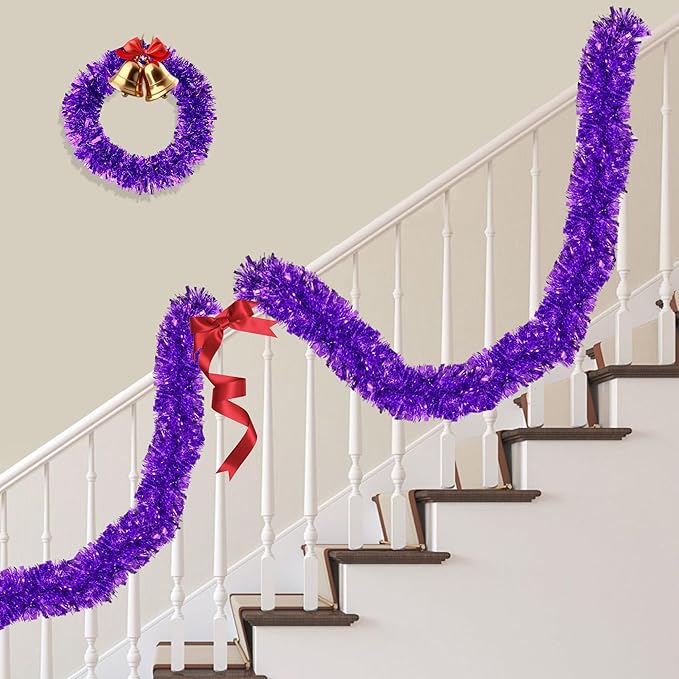 50FT Purple Christmas Tinsel Garland Metallic Twist Xmas Garland for Christmas Tree Decorations Holiday Hanging Garlands for Mantel Staircase Indoor Outdoor Home Office Class Party Holiday Decor