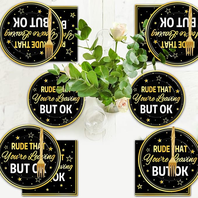 ZOIIWA 96 Pcs Rude That You’re Leaving But OK Party Supplies Set for 24 Guests Coworker Leaving Farewell Tableware Plates Dinnerware Table Decorations for Goodbye Going Away Retirement Party Favors
