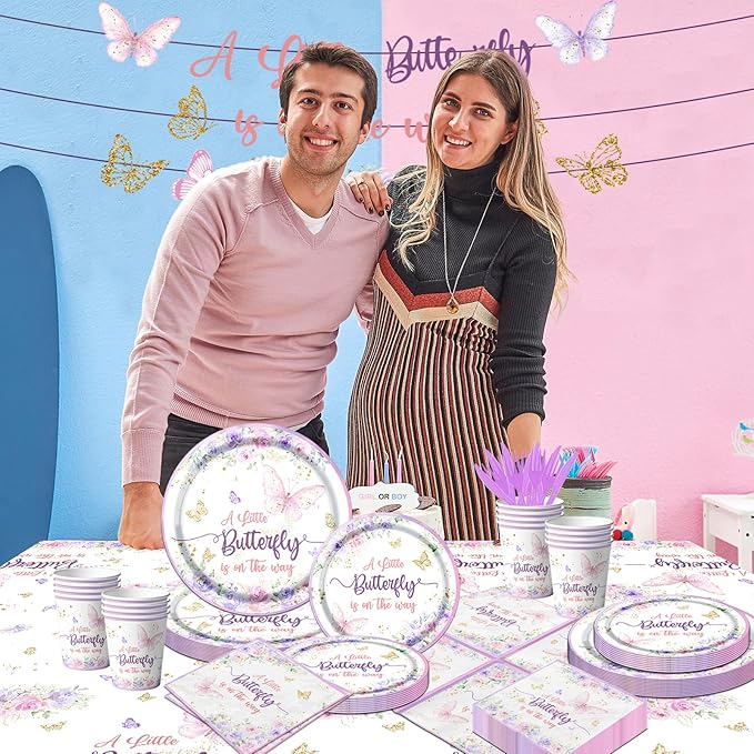 Butterfly Baby Shower Tableware Set Decoration,A Little Butterfly Is On Her Way Baby Shower Plates and Napkins Supplies Include Tablecloth Banner Cups for Purple Floral Butterfly Spring Theme for Girl