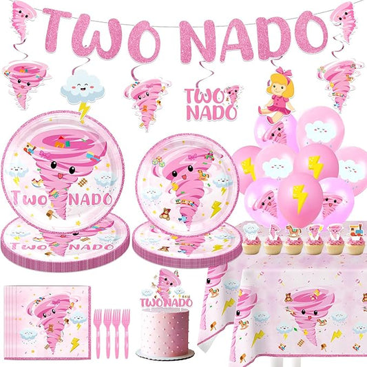 132PCS Pink Tornado Party Supplies Birthday Decorations for Girls Tornado 2nd Disposable Plates Napkins Set, Banner, Hanging Swirls, Tablecloth, Cake Topper, Balloon,Tornado 2nd 2 Year Old Baby Shower
