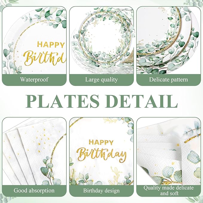 Pickmesh 400 Pcs Sage Green Birthday Party Supplies Include Neutral Eucalyptus Green Happy Birthday Disposable Paper Plates Napkins Cups Cutlery for Girls Boys Women Men Party Decorations Serve 50