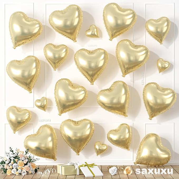 Champagne Gold Heart Balloons, Heart Shaped Ballons, 20 Pcs 5/10/18 inch Gold Foil Love Balloons for Valentine's Day Decorations Wedding Engagement Bridal Showers Anniversary Celebrations