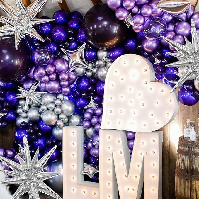 Silver Star Balloons,Explosion Balloons Kit with 6Pcs 22Inch Cone Star Foil Balloons and 10Pcs 10Inch Four Pointed Star Balloons for Birthday Anniversary Disco Party Decorations