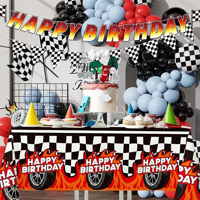 Car Birthday Decorations Kit: Car Theme Party Supplies for 25 - Includes Dinner & Dessert Plates, Napkins, Cups, Banner and Tablecloth for Boys' Racing Car Birthday Party Decorations