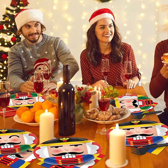 96 Pcs Christmas Nutcracker Plates Party Supplies for 24 Guests Merry Christmas Tableware Table Decorations Soldier Model Nutcracker Plates Napkins Dinnerware for Kids Winter Xmas Holiday Party Favor