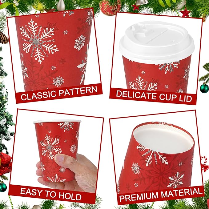 100Set Christmas Paper Cups with Lids 12oz, Bulk Disposable Winter Red Snowflake Cups Coffee Cups, Holiday Paper Cups for Hot Chocolate Cold Drinks Christmas New Year Winter Party Supplies Decorations
