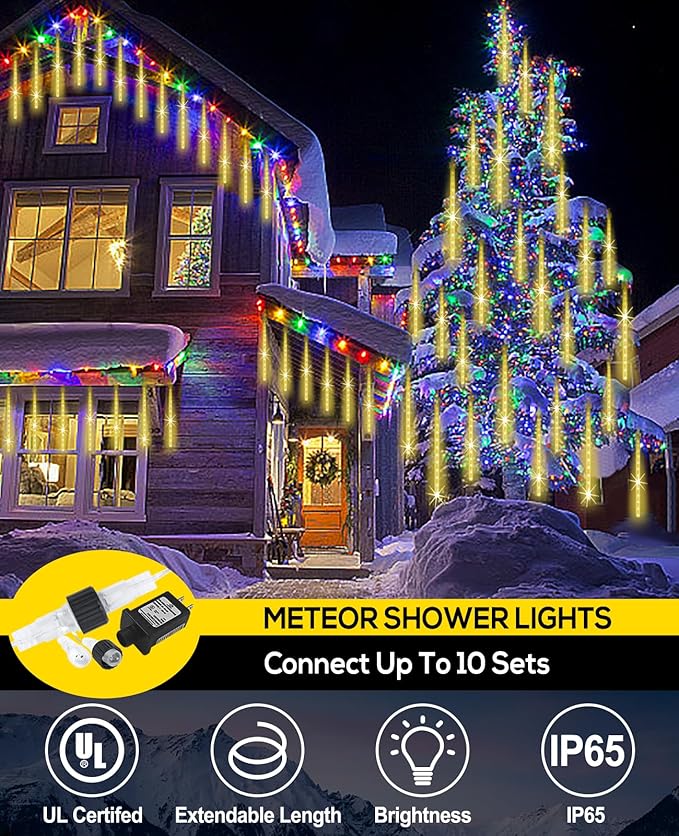 Meteor Shower Lights Outdoor Christmas Lighting Falling Rain Lights 12Inch 10Tubes Rain Drop Light Snowfall Icicle Cascading String Decor for Xmas Holiday Tree Garden Decor,Shine Warm White