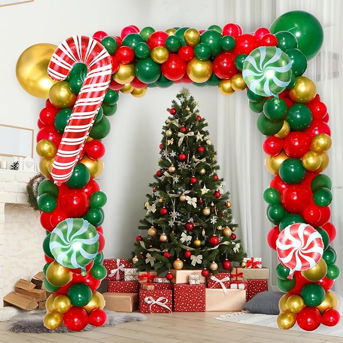 2025 Christmas Party Decorations-Balloon Arch Garland Kit with Green Red Candy Cane Balloons, Merry Christmas Backdrop Banner Tablecloths for XMAS Decorations Supplies