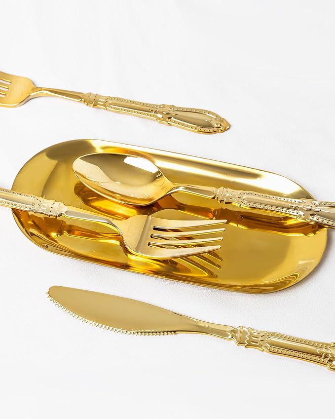 Nervure 90PCS Gold Plastic Silverware - Heavy Duty Disposable Cutlery Set, Luxury Gold Plastic Utensils include 30Pcs Forks, 30Pcs Spoons, 30pcs Knives. Perfect for Wedding,Party,Daily Use