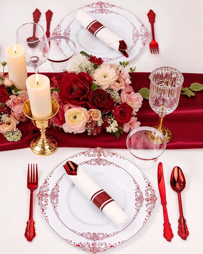 Nervure 350PCS Red Plastic Plates - White Red Plastic Dinnerware Set for 50 Guests - 100 Red Disposable Plates, 50 Pre Rolled Cutlery Set, 50 Cups Perfect for Wedding, Party & Christmas