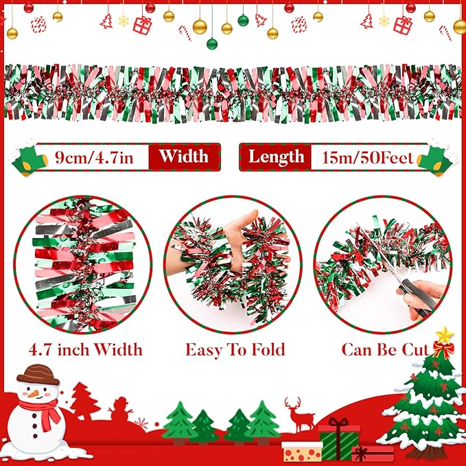 50Ft Christmas Tinsel Garland, Red Grenn Silver Metallic Twist Garland for Xmas Tree Decorations, Tinsel for New Year Party Ceiling Hanging Decorations Indoor and Outdoor Decor