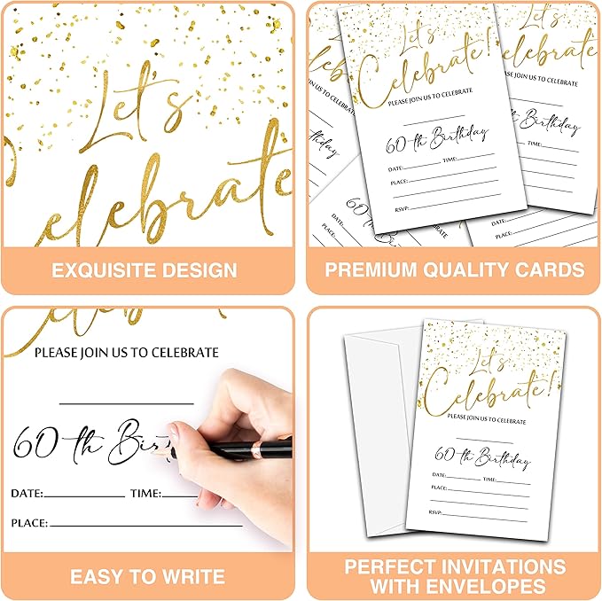 60th Birthday Invitations Cards, 4"x 6" White and Gold Confetti Birthday Party Invites with Envelopes for Party Decorations Supplies(20 Pieces) -D15