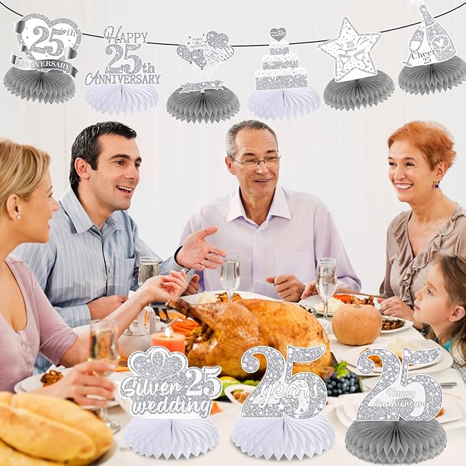 9Pcs 25th Wedding Anniversary Decorations 25th Silver Wedding Anniversary Honeycomb Centerpiece Silver Wedding Anniversary Table Toppers Honeycomb Decorations