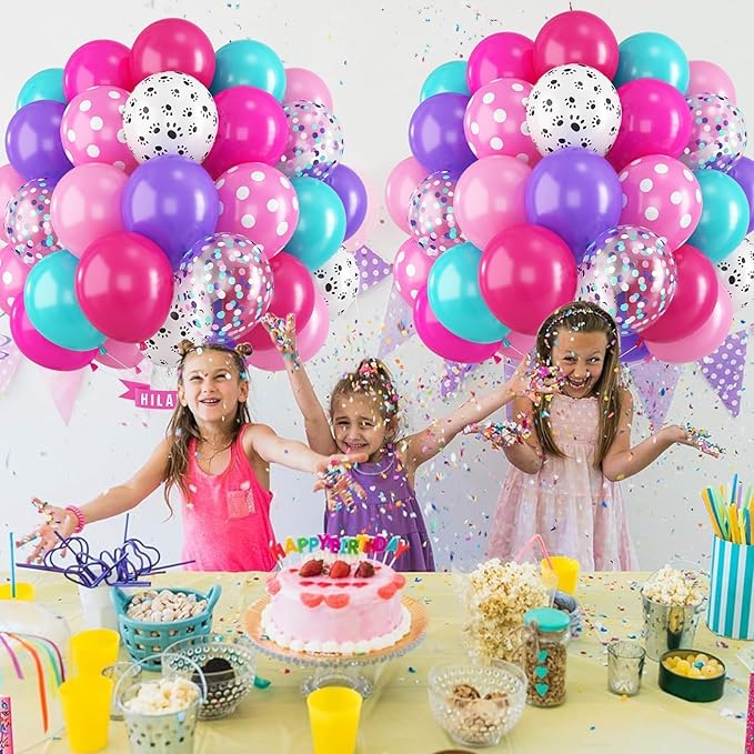 Dog Paw Balloons Set 60 Pcs 12 Inch Pink Purple Blue Balloons Puppy Paw Print Polka Dot Balloon Hot Pink Purple Teal Blue Turquoise Balloon for Kids Girls Baby Shower Birthday Party Decorations