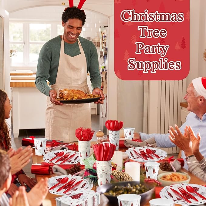 Pickmesh 400 Pcs Christmas Party Supplies Red Silver Xmas Tree Snowflake Disposable Paper Plates Napkins Cups Cutlery for Winter Xmas Christmas Birthday Party Table Decorations Serve 50