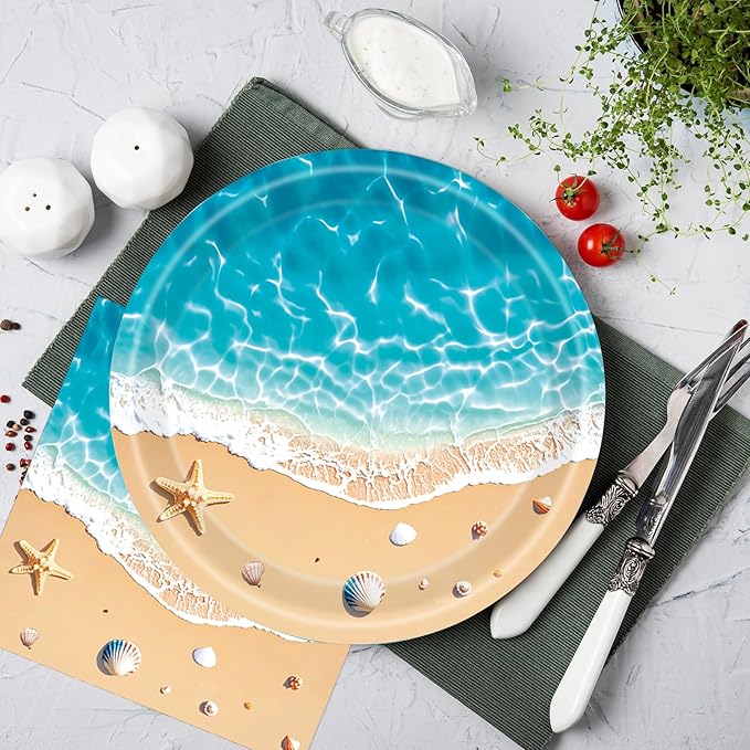 40Pcs Beach Plates and Napkins Party Supplies, Disposable Ocean Waves Birthday Plates Napkins Tableware Set for Hawaiian Ocean Themed Party Decorations (Beach)