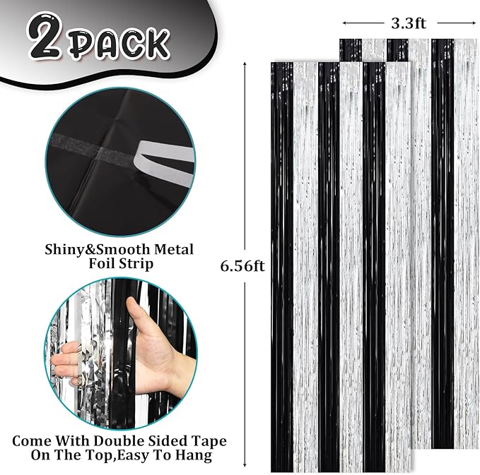 2 Pack Black and Silver Tinsel Foil Fringe Curtains, Black White Party Decorations, Metallic Tinsel Party Streamers Backdrop for New Years Birthday Christmas Graduation Decorations