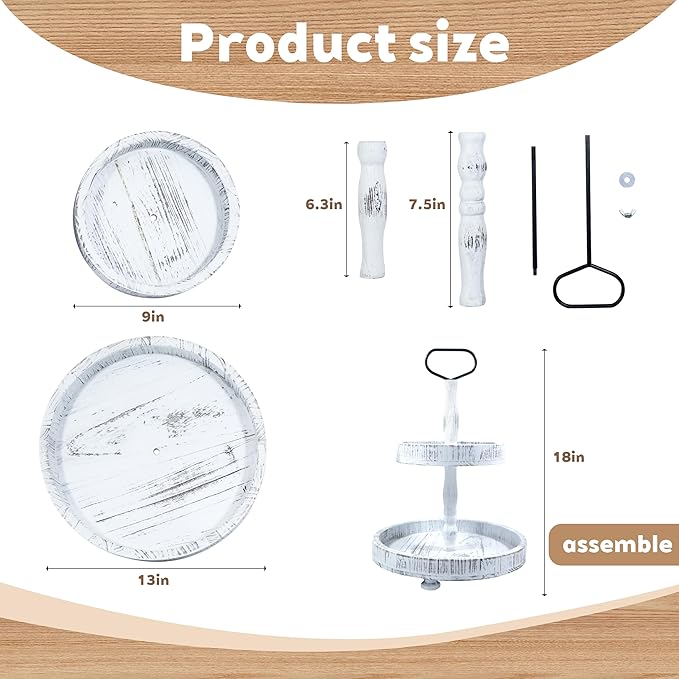 2-Tiered Round Wooden Tray Stand, Rustic Farmhouse Tiered Serving Tray for Home Decor Kitchen & Coffee Bar Centerpiece, Vintage White Wood 2-Tier Display Stand for Desserts, Cupcakes and More (White)