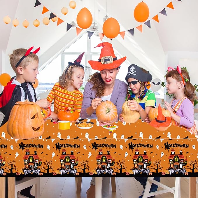 2 PCS Halloween Tablecloth Disposable Plastic - Spooky Plastic Table Cloths Purple Black & Orange Black with Scary Bat Ghost House Spiderweb Rectangular Table Cover for Party Decorations, 54"x108"