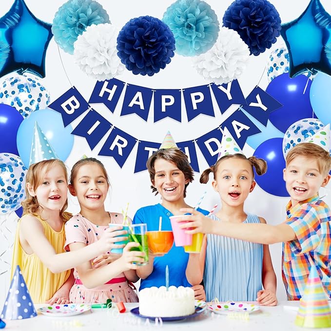 Birthday Decorations for Men Blue White Party Decor Supplies Boy Including Happy Birthday Banner Confetti Latex Balloon Foil Balloon and Ribbon (Blue)