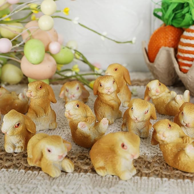 DR.DUDU 24 PCS Mini Bunnies Easter Decor - Mini Resin Animals Rabbits, Miniature Figurines Tiny Animals to Hide, Easter Egg Filler Stuffers DIY Crafts Fairy Gardens Table Decor (Brown)