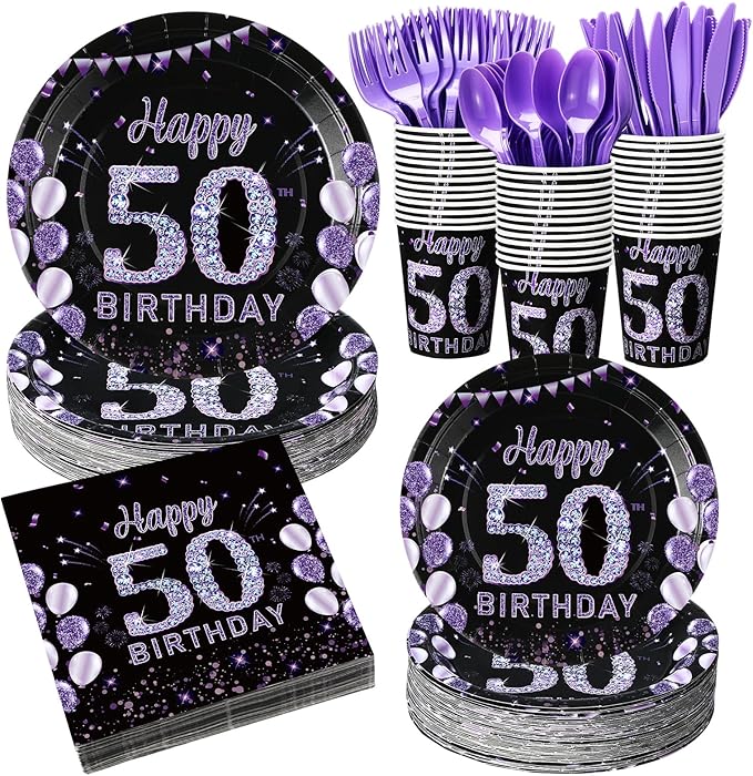 Pickmesh 400 Pcs 50th Birthday Party Supplies Purple Black Happy 50th Birthday Decorations Include Disposable Paper Plates Napkins Cups Cutlery for Men Women Party Decorations Serve 50