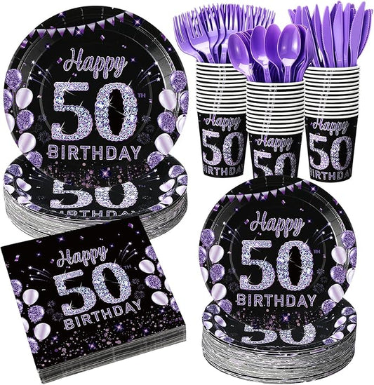 Pickmesh 400 Pcs 50th Birthday Party Supplies Purple Black Happy 50th Birthday Decorations Include Disposable Paper Plates Napkins Cups Cutlery for Men Women Party Decorations Serve 50