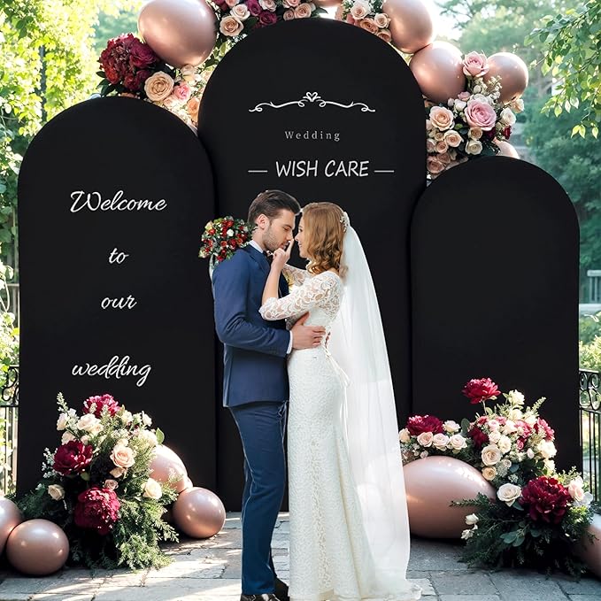 (7.2FT, 6.6FT, 6FT) Wedding Arch Cover Set of 3 Black Spandex Fitted Arch Cover for Round Top Chiara Backdrop Stand Covers for Birthday Party Banquet Photo Background Decoration
