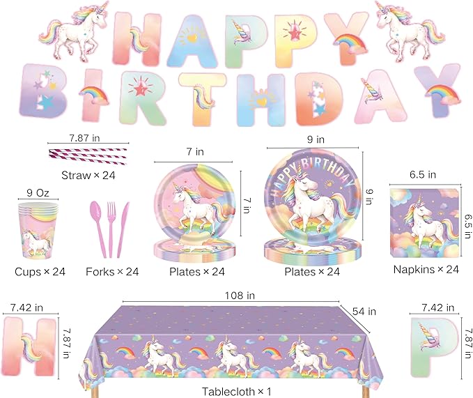 Unicorn Birthday Party Supplies Kit – 146 PCS Unicorn Party Decorations for 24 Guests, Includes Plates, Cups, Napkins, Banner, Cutlery, Tablecloth, Straws – Rainbow Theme for Girls & Boys