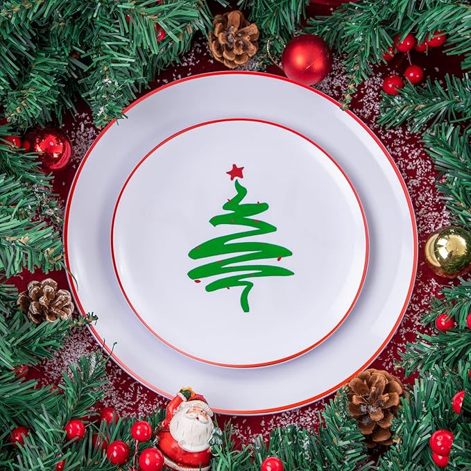 Supernal Christmas Plastic Plates, Gold Plastic Cutlery – 180pcs Elegant Disposable Dinnerware with White-Gold Knives/Forks/Spoons, GoldRim Clear Tumblers, Premium Christmas Tableware for 30 Guests