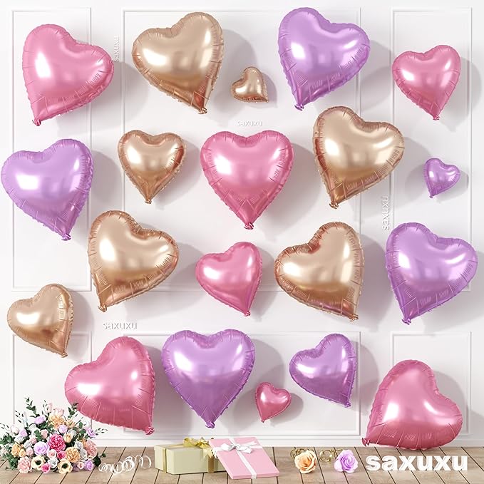 Rose Gold Pink Purple Heart Balloons, Heart Shaped Ballons, 20 Pcs 5/10/18 inch Pink Foil Love Balloons for Valentine's Day Wedding Engagement Bridal Showers Anniversary Celebrations