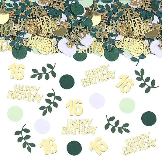 Sage Green 16th Happy Birthday Confetti, 16th Birthday Table Decorations Scatter Green Gold Foil Cake Confetti Decorations for 16 Bday Girls Boys Party Decor 230 Pcs