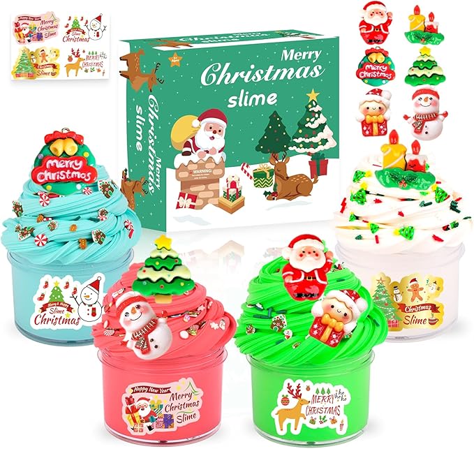 Christmas Butter Slime Kit 4 Pack, Santa Claus, Xmas Tree, Wreath, Candlestick Charms Mix Ins for Girl Boy, Holiday Slime for Christmas Stocking Stuffers, Premade Xmas Slime Kids Party Favors