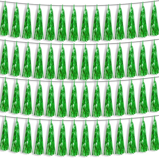 4P Green Foil Fringe Metallic Streamers Banner Tassel Garland for Parade Floats, Bachelorette, Wedding, Birthday, Halloween, Christmas, Bridal/Baby Shower Party Decorations