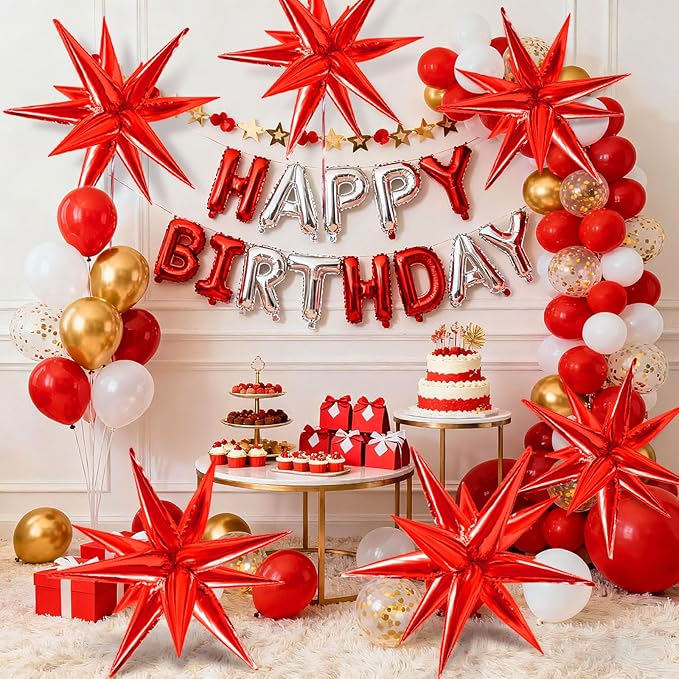 Red Star Foil Balloons Explosion 12 Point Spike Baloons Large Mylar Balloon Party Decorations Backdrops for Christmas Wedding Anniversary Bachelorette Engagement Birthday Valentine's Day