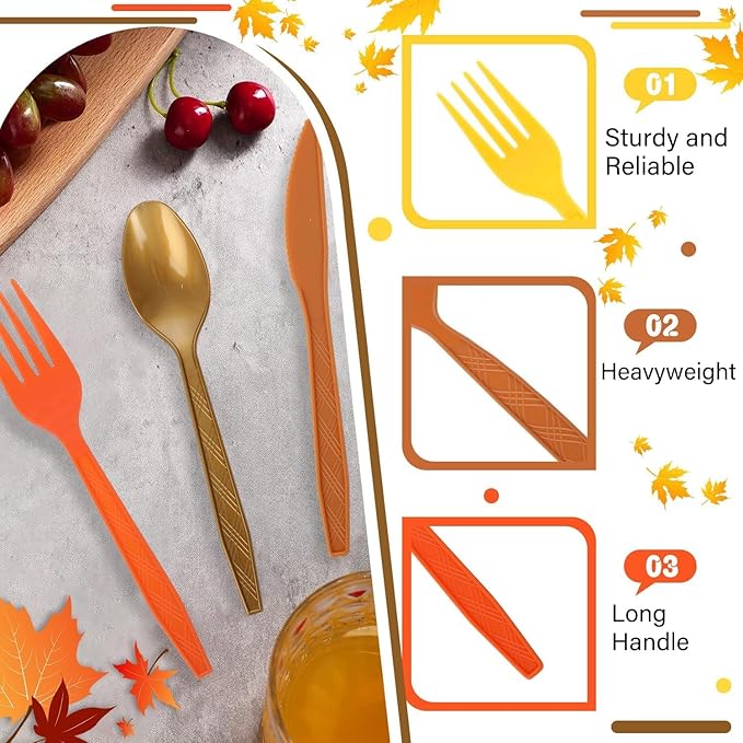 300Pcs Red Orange Yellow Brown Plastic Silverware Heavy Duty Disposable Flatware Cutlery Set Includes Forks Spoons Knives for Wedding Birthday Party Thanksgiving Autumn Fall Party Supplies
