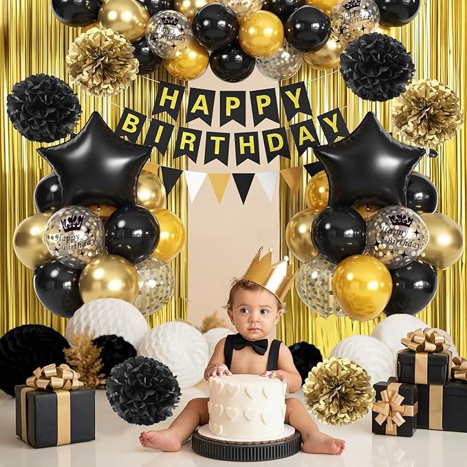 Black Gold Birthday Decorations, Gold Black Foil Confetti Balloons Foil Balloon Happy Birthday Banner Pom Poms Fringe Curtain for Men Women Bday Party Decoration Supplies