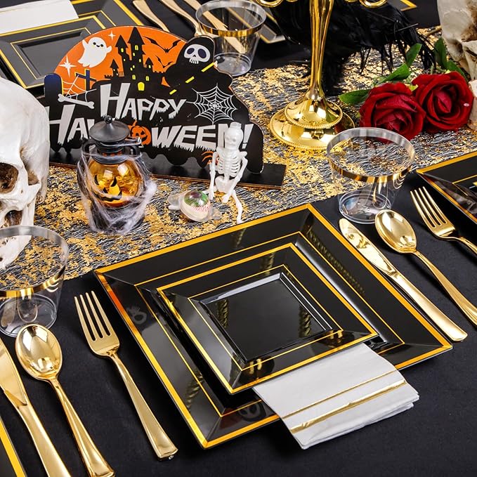 Festiva 350Pcs Black and Gold Plastic Plates-50Guests Disposable Square Black Dinnerware Set include 100 Plastic Plates,50Cups,150Plastic Cutlery,50Napkins for Halloween Party &Wedding&New Year