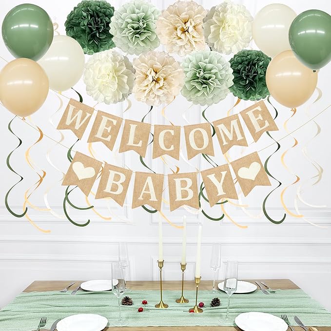 Baby Shower Party Decorations Kit Welcome Baby Heart Burlap Banner with Sage Green Tissue Flowers Pom Pom Felt Swirl Cheesecloth Table Runner Balloons for Neutral Party Decorations Supplies