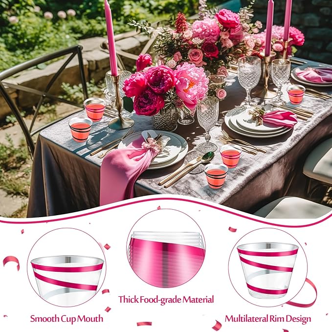 Gejoy 9 oz Rimmed Swirl Plastic Cups Disposable Wine Drinking Cups Clear Elegant Halloween Tumblers for Christmas Party Supplies(Hot Pink, Black,100 Pcs)