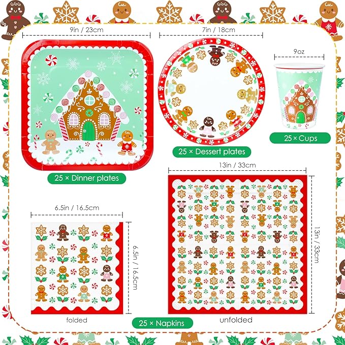 100 Christmas Party Paper Plates Napkins and Cups Set Gingerbread Disposable Dinnerware Set