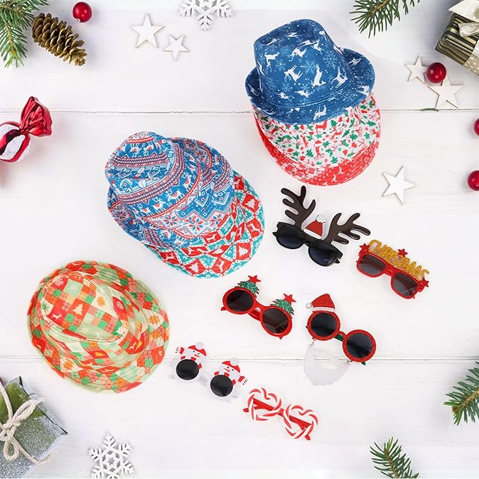 12pcs Christmas Photo Booth Prop, 6pcs Fedora Hats, 6pcs Party Sunglasses for Adult, Teen, Ugly Sweater Hat, Funny Glasses, Merry Xmas Carnival Party Costume Prop