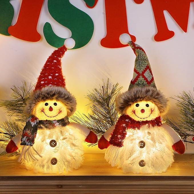 Juegoal 2 Pack Christmas Table Decorations, 10 Inch Lighted Plush Snowmen Figurines, Light Up Snowman Holiday Present, Battery Operated Xmas Gifts Tabletop Ornaments Dinner Party Supplies, Brown Brim